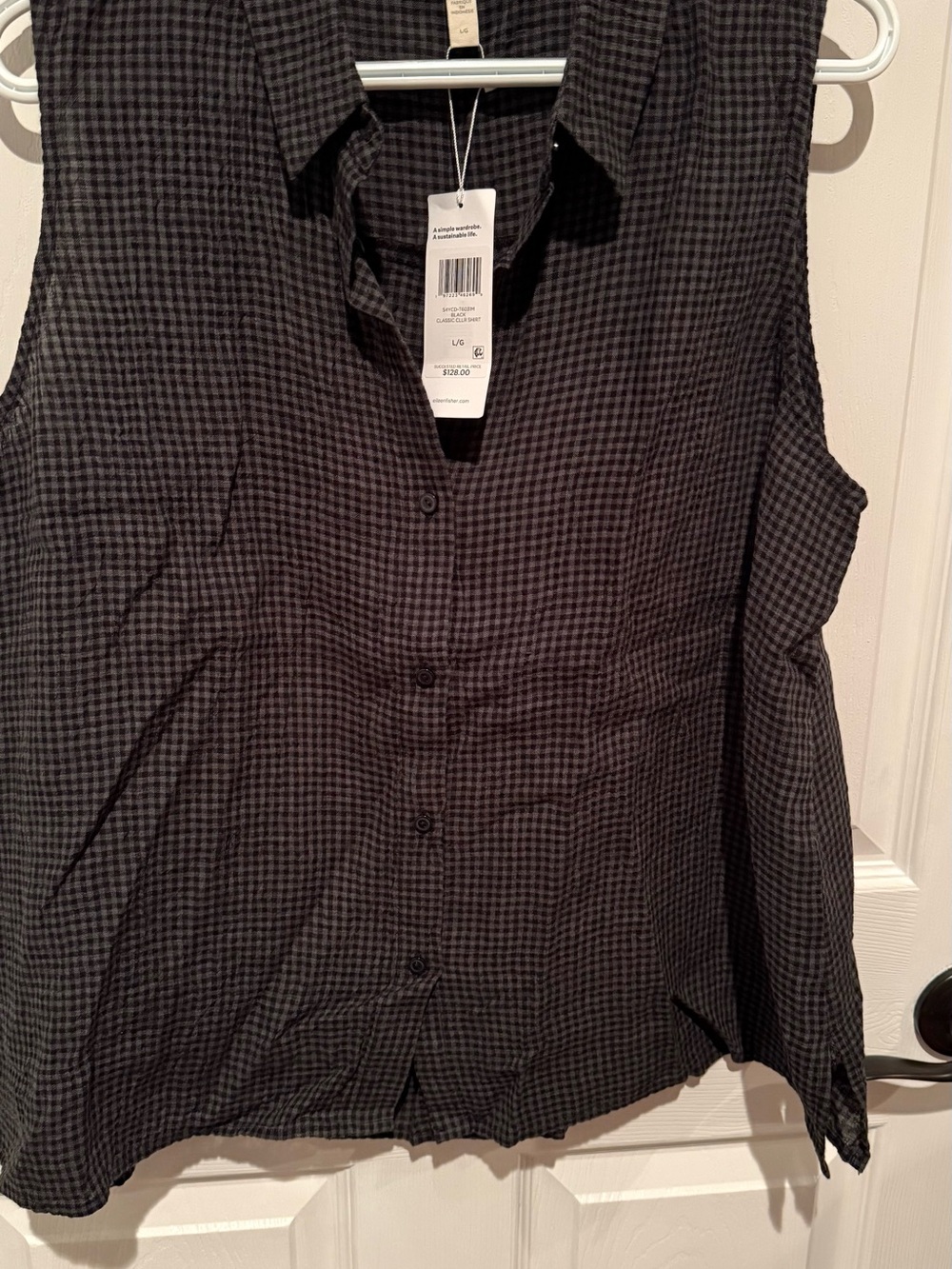 Eileen Fisher Black and Green Checked Sleeveless Button Shirt. New with Tags